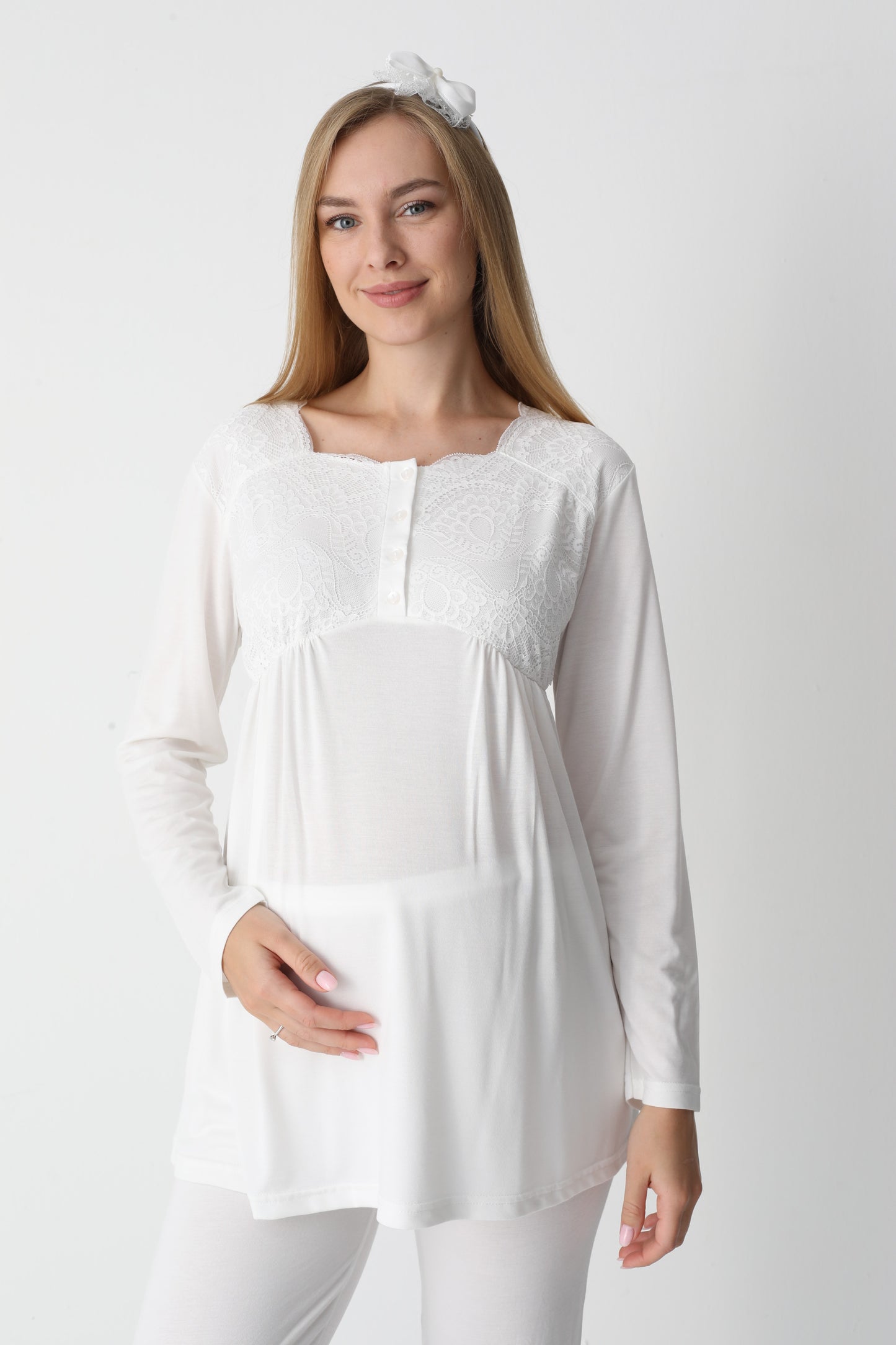 3’Lü Pijama Takımı - Dantel Detay Saten Şerit  Sabahlıklı Lohusa Hamile Takım - 3445