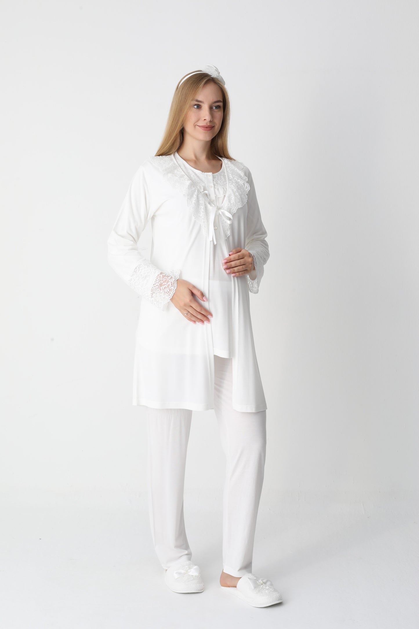 3’Lü Pijama Takımı - Dantel Detay Sabahlıklı Lohusa Hamile Takım - 3446