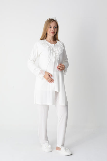 3’Lü Pijama Takımı - Dantel Detay Sabahlıklı Lohusa Hamile Takım - 3446