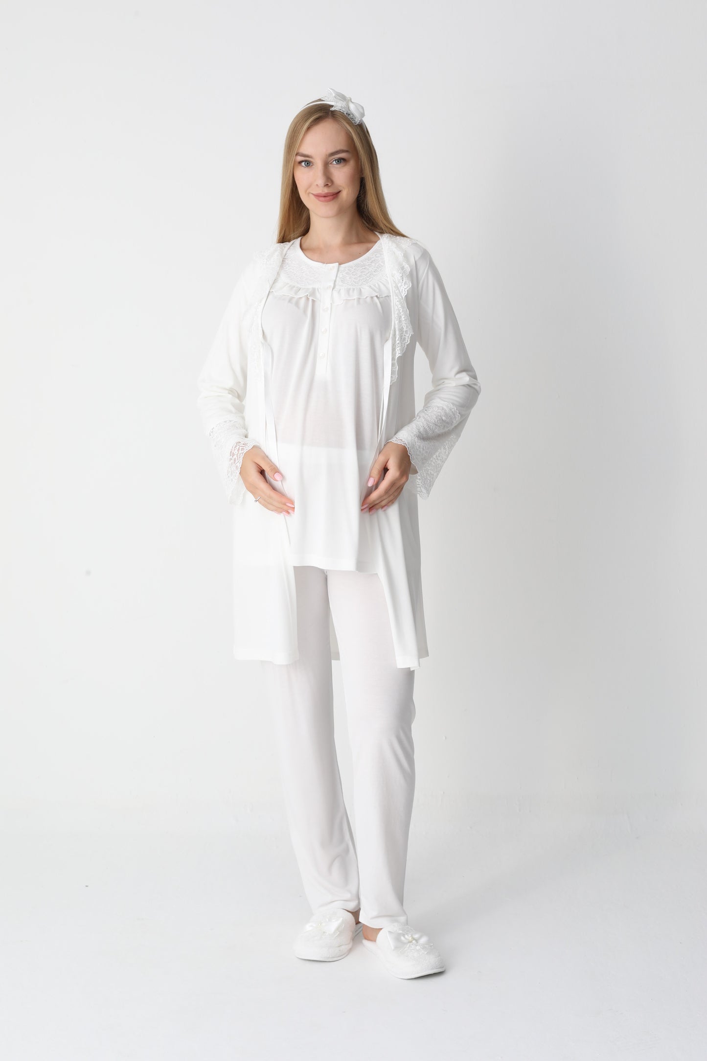 3’Lü Pijama Takımı - Dantel Detay Sabahlıklı Lohusa Hamile Takım - 3446