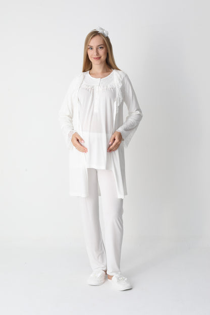 3’Lü Pijama Takımı - Dantel Detay Sabahlıklı Lohusa Hamile Takım - 3446