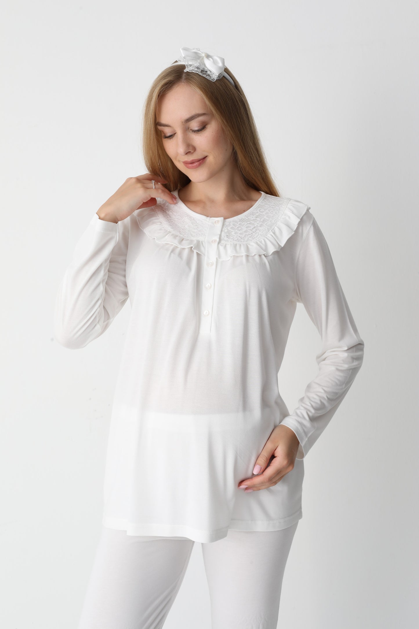 3’Lü Pijama Takımı - Dantel Detay Sabahlıklı Lohusa Hamile Takım - 3446