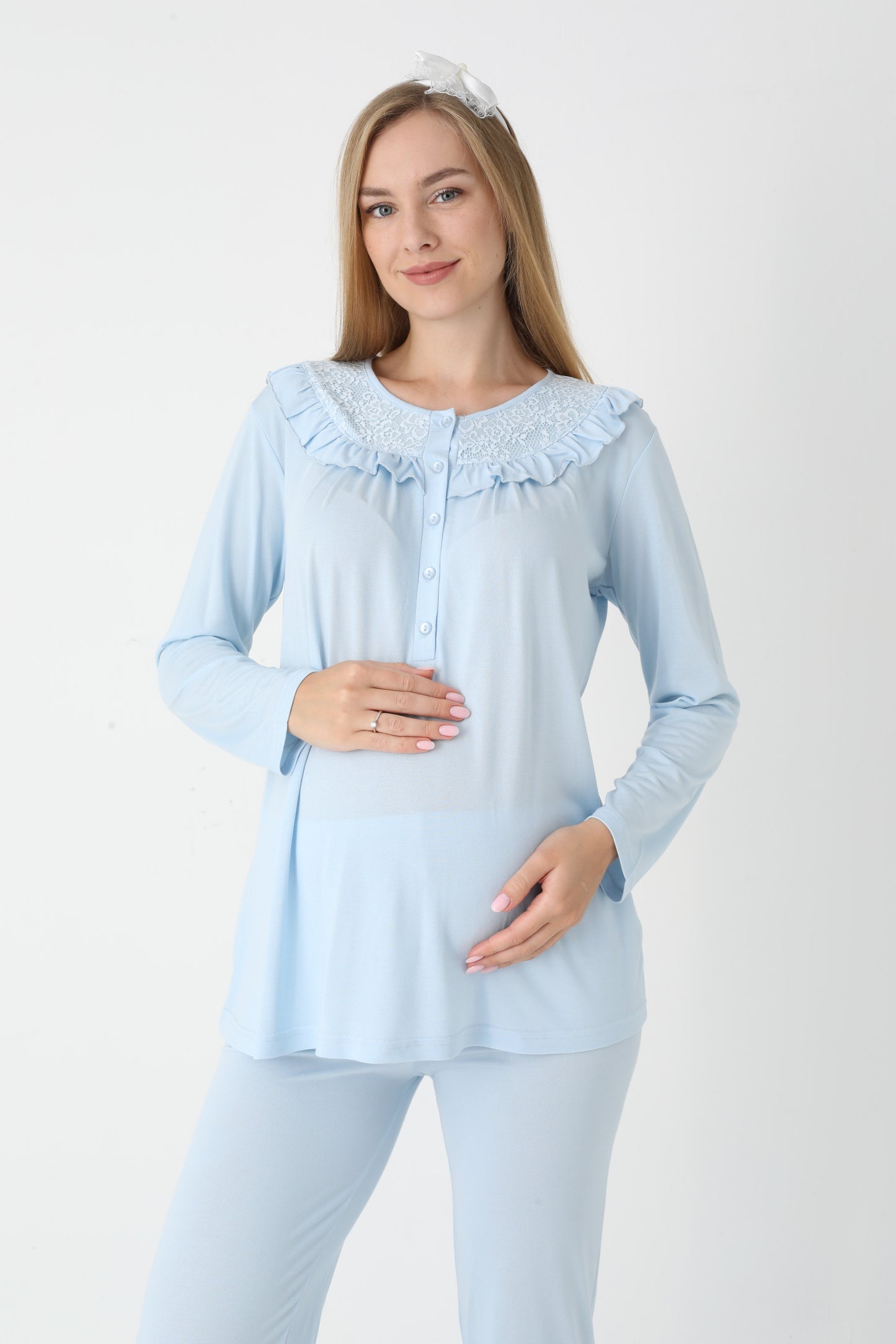 3’Lü Pijama Takımı - Dantel Detay Sabahlıklı Lohusa Hamile Takım - 3446