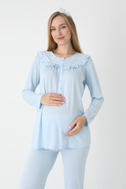 3’Lü Pijama Takımı - Dantel Detay Sabahlıklı Lohusa Hamile Takım - 3446