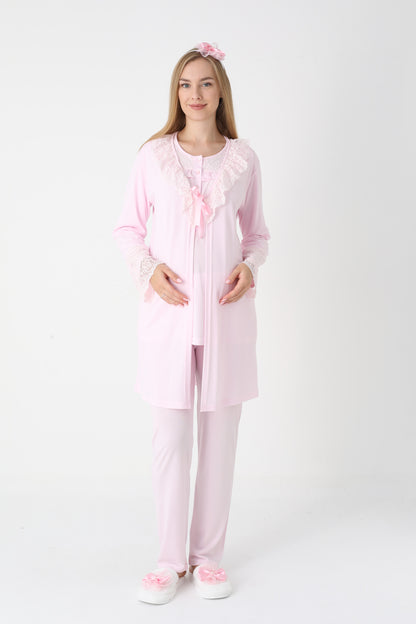 3’Lü Pijama Takımı - Dantel Detay Sabahlıklı Lohusa Hamile Takım - 3446