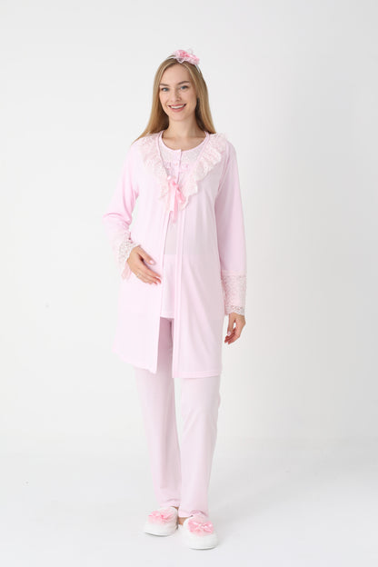 3’Lü Pijama Takımı - Dantel Detay Sabahlıklı Lohusa Hamile Takım - 3446