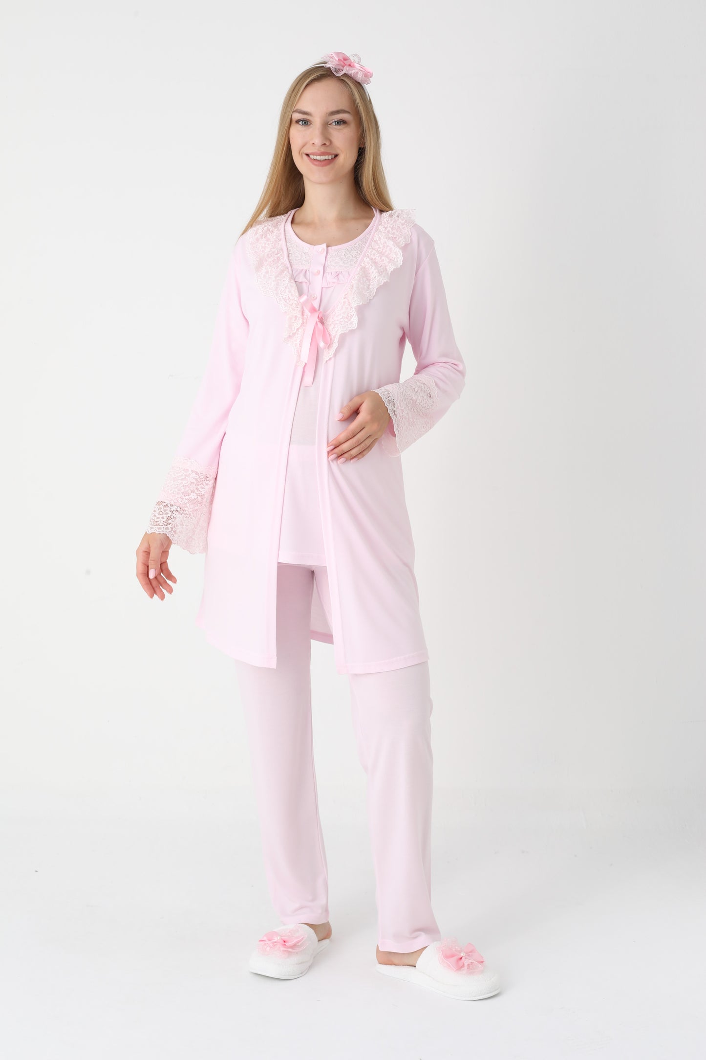3’Lü Pijama Takımı - Dantel Detay Sabahlıklı Lohusa Hamile Takım - 3446