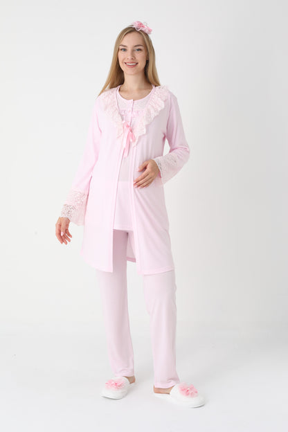 3’Lü Pijama Takımı - Dantel Detay Sabahlıklı Lohusa Hamile Takım - 3446