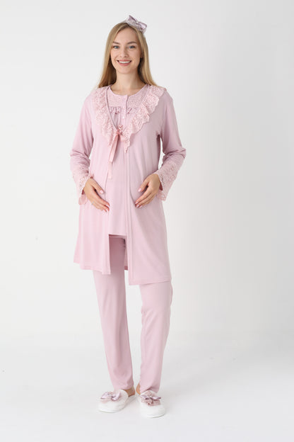 3’Lü Pijama Takımı - Dantel Detay Sabahlıklı Lohusa Hamile Takım - 3446