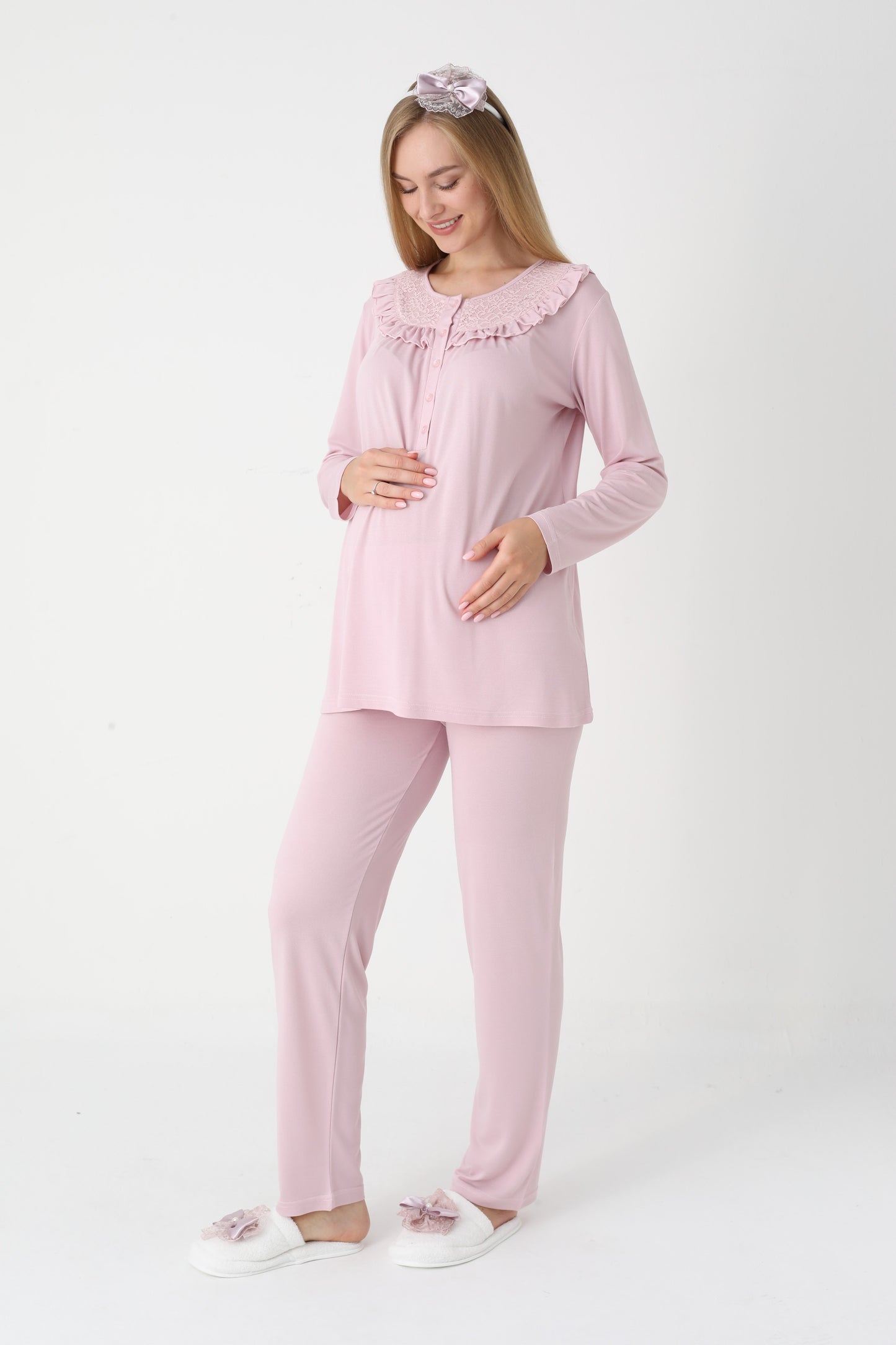 3’Lü Pijama Takımı - Dantel Detay Sabahlıklı Lohusa Hamile Takım - 3446