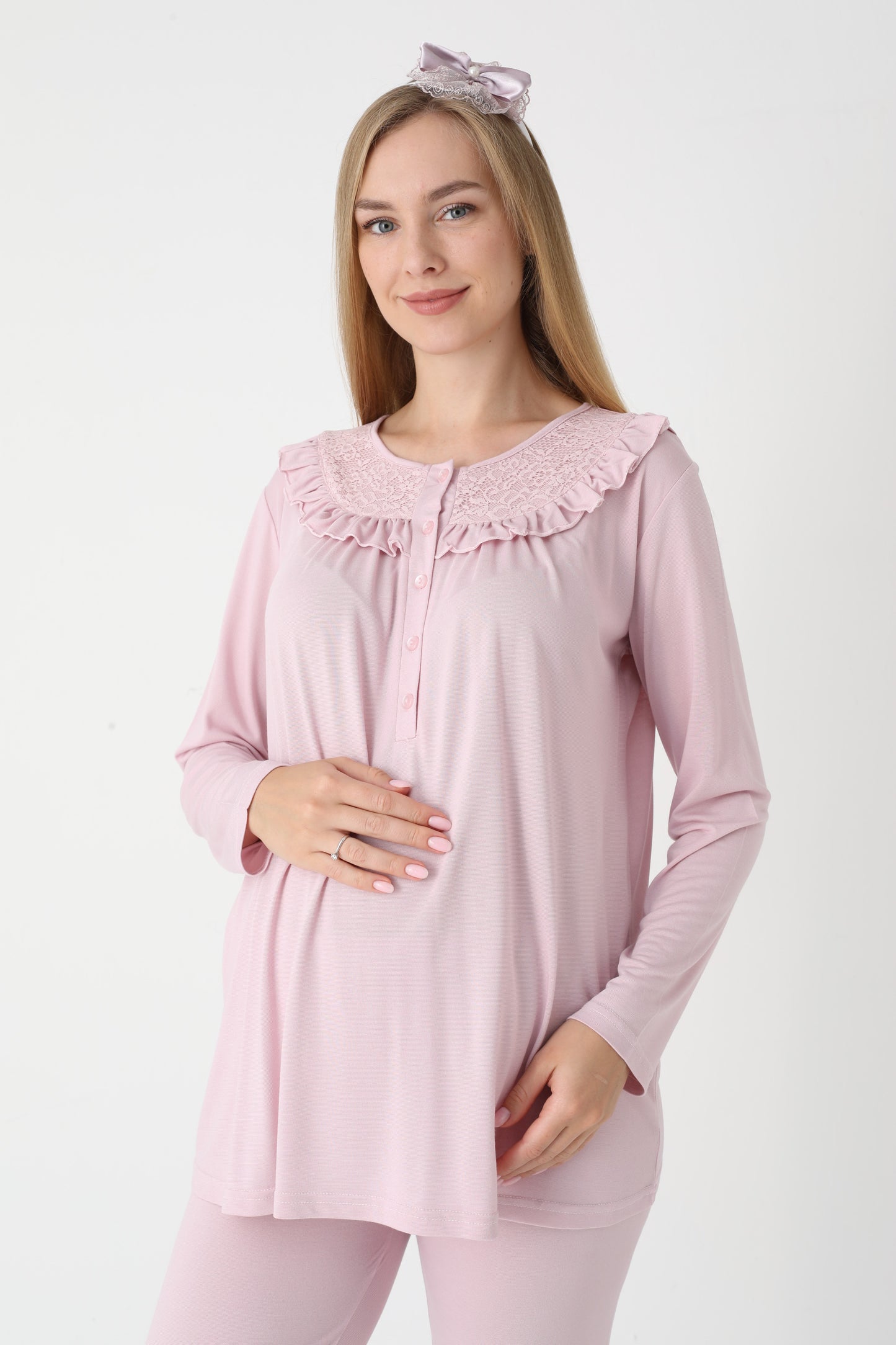 3’Lü Pijama Takımı - Dantel Detay Sabahlıklı Lohusa Hamile Takım - 3446