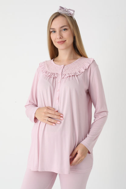 3’Lü Pijama Takımı - Dantel Detay Sabahlıklı Lohusa Hamile Takım - 3446