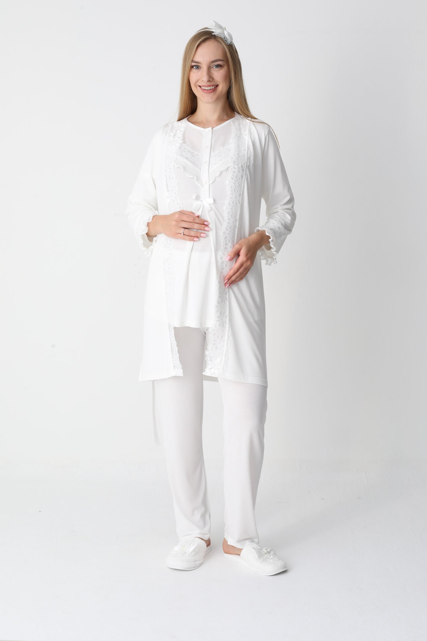 3’Lü Pijama Takımı - Dantel Detay Sabahlıklı Lohusa Hamile Takım - 3447