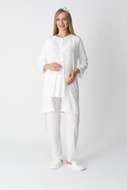 3’Lü Pijama Takımı - Dantel Detay Sabahlıklı Lohusa Hamile Takım - 3447