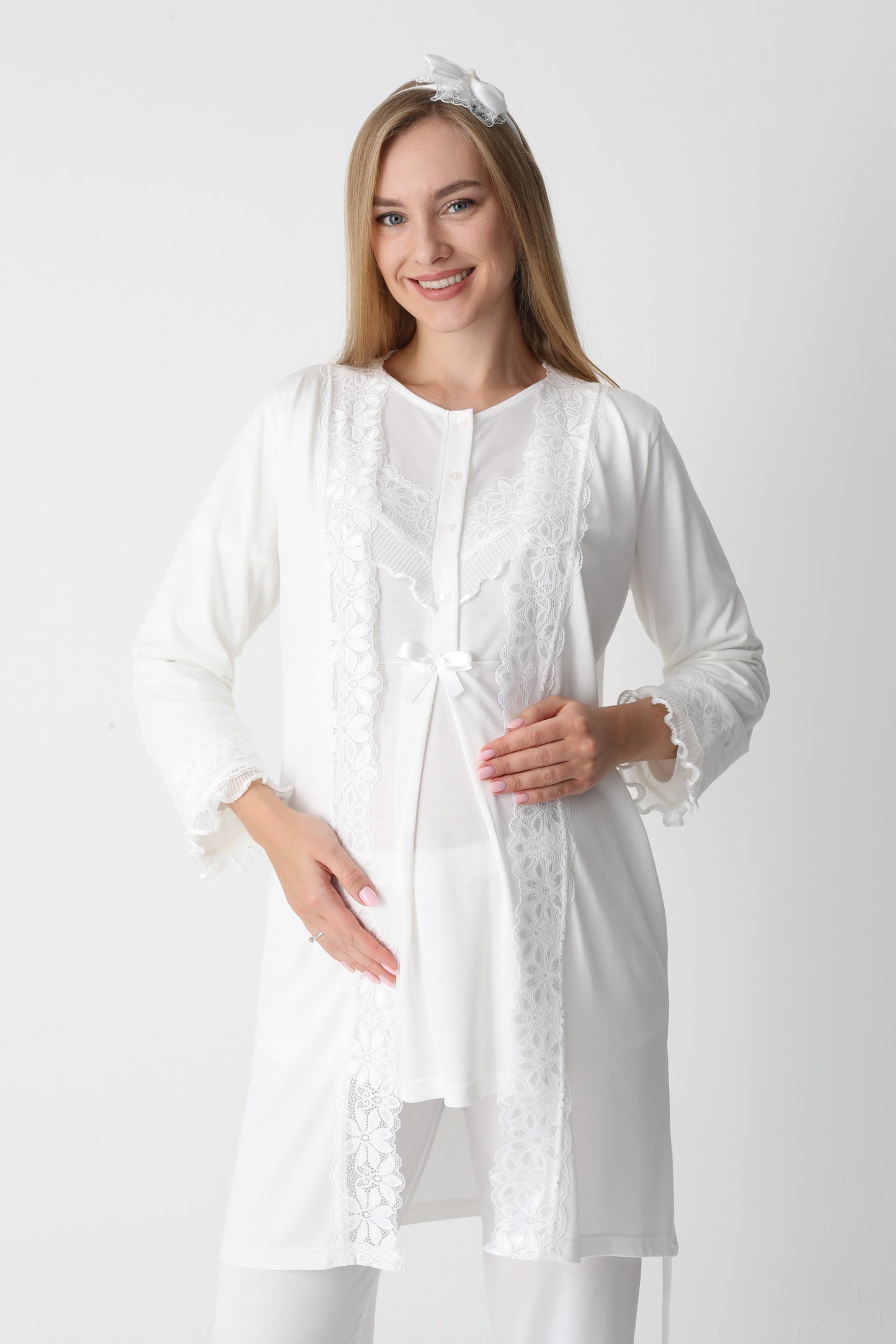 3’Lü Pijama Takımı - Dantel Detay Sabahlıklı Lohusa Hamile Takım - 3447