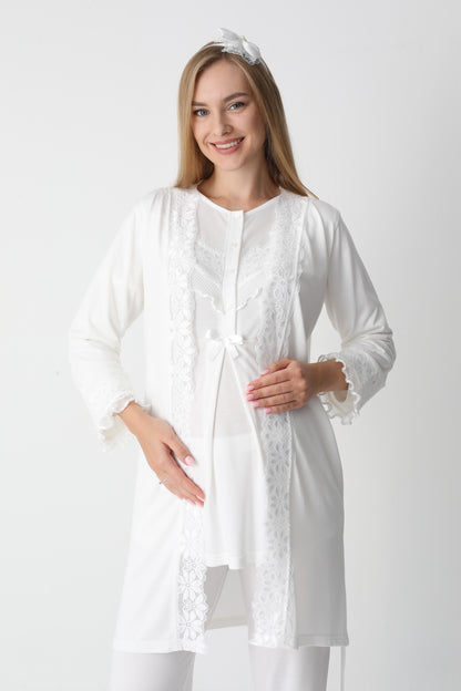 3’Lü Pijama Takımı - Dantel Detay Sabahlıklı Lohusa Hamile Takım - 3447