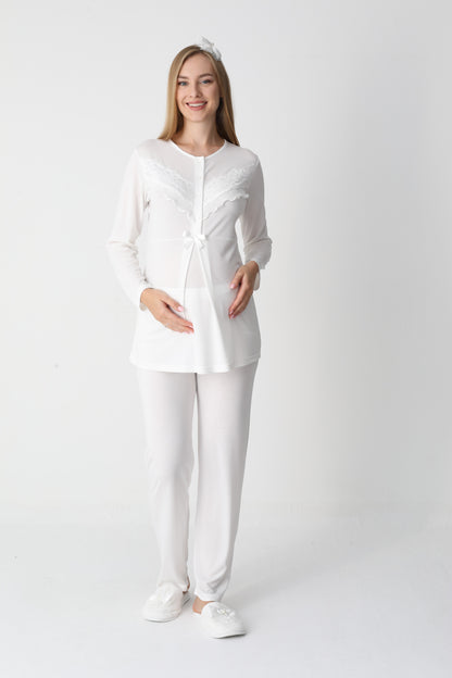 3’Lü Pijama Takımı - Dantel Detay Sabahlıklı Lohusa Hamile Takım - 3447