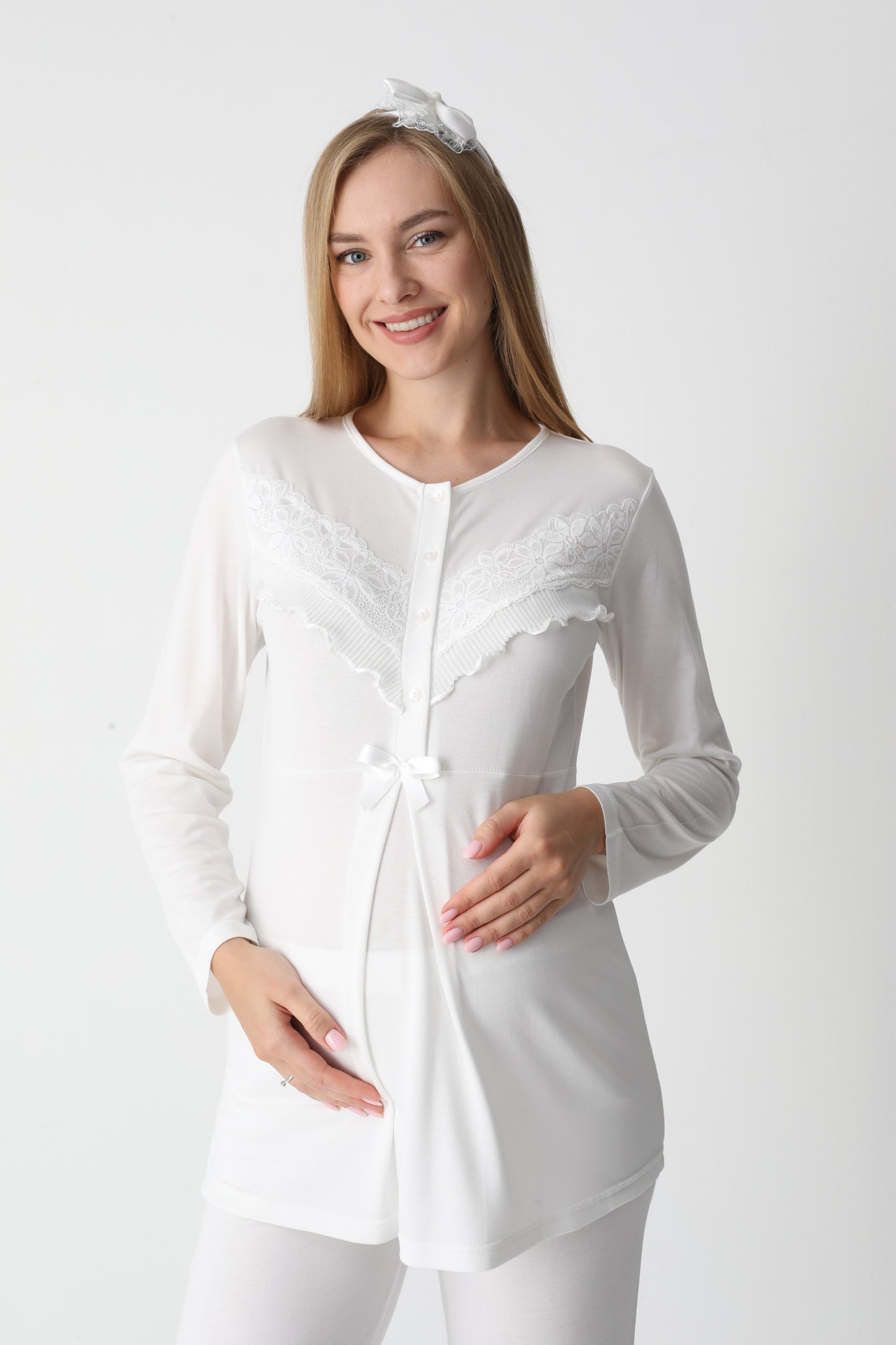 3’Lü Pijama Takımı - Dantel Detay Sabahlıklı Lohusa Hamile Takım - 3447