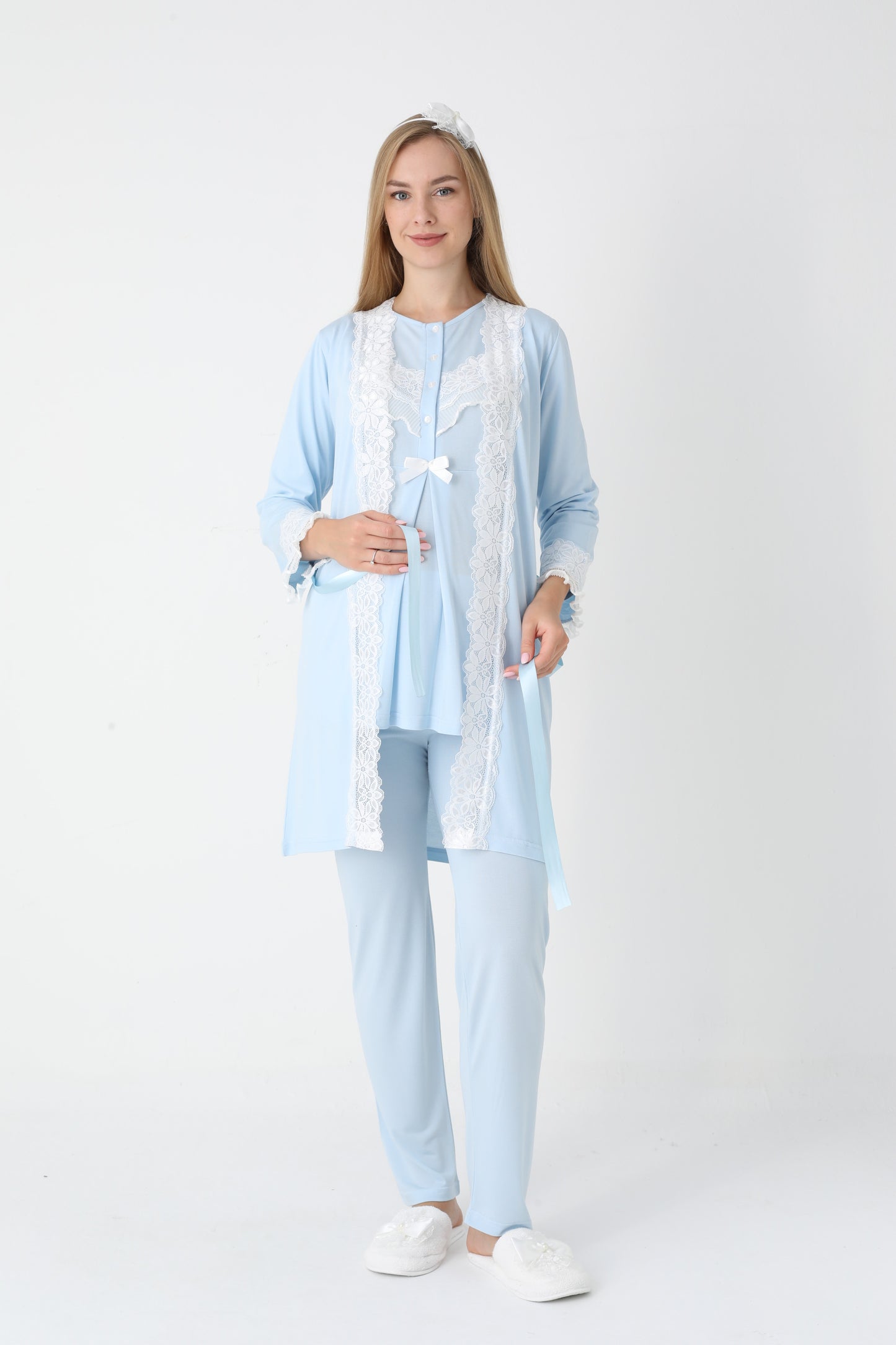 3’Lü Pijama Takımı - Dantel Detay Sabahlıklı Lohusa Hamile Takım - 3447