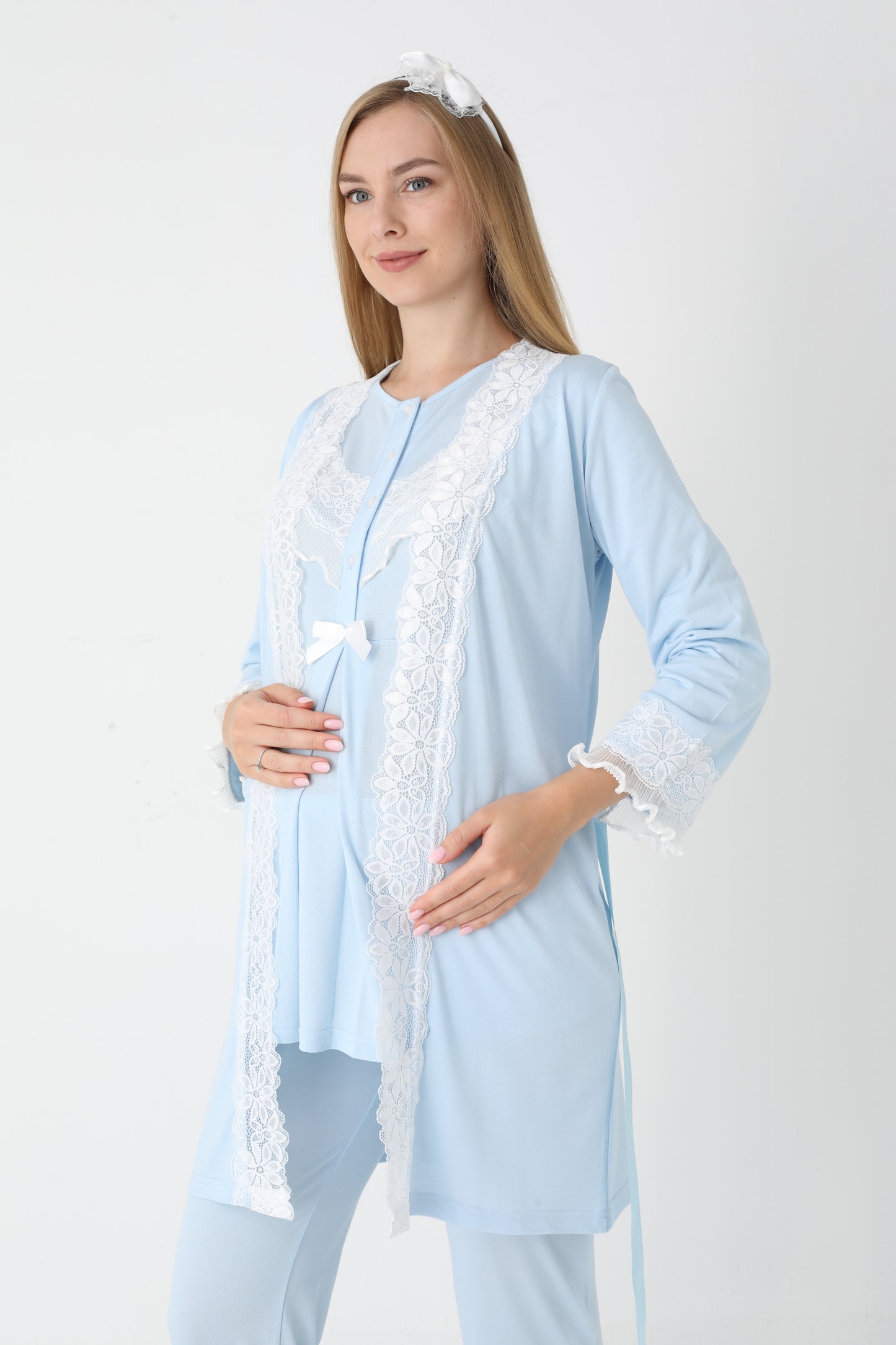 3’Lü Pijama Takımı - Dantel Detay Sabahlıklı Lohusa Hamile Takım - 3447