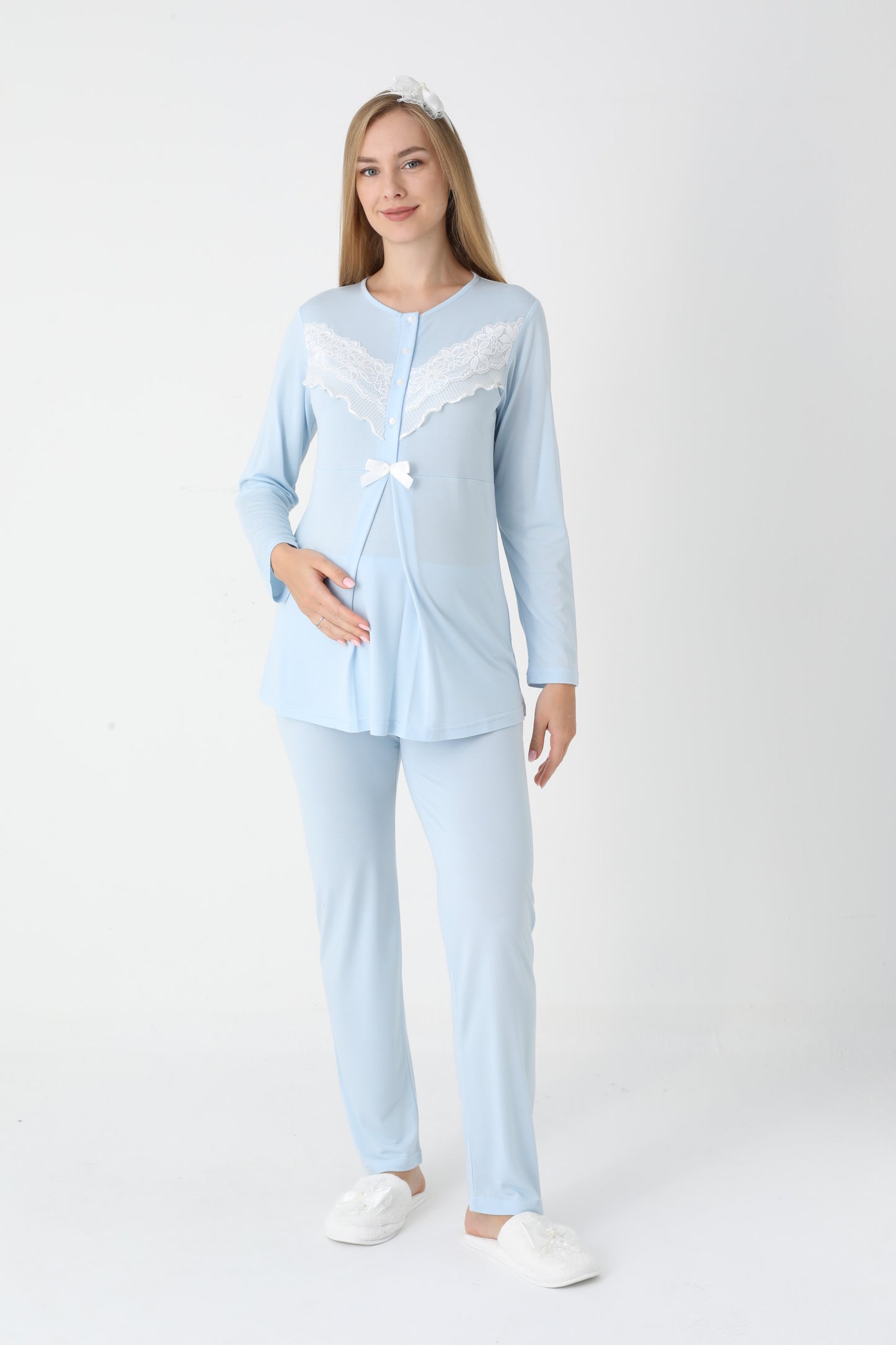 3’Lü Pijama Takımı - Dantel Detay Sabahlıklı Lohusa Hamile Takım - 3447