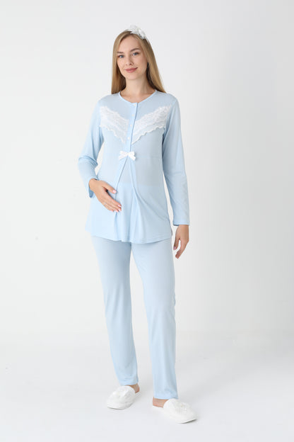 3’Lü Pijama Takımı - Dantel Detay Sabahlıklı Lohusa Hamile Takım - 3447