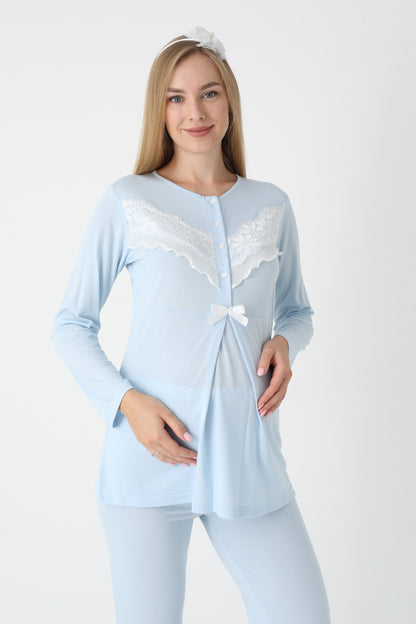 3’Lü Pijama Takımı - Dantel Detay Sabahlıklı Lohusa Hamile Takım - 3447