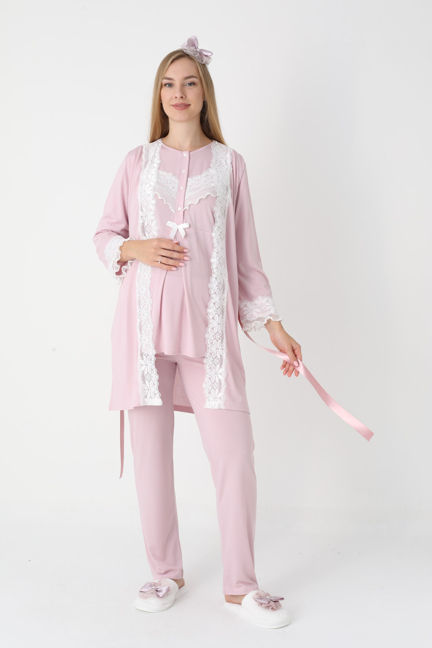 3’Lü Pijama Takımı - Dantel Detay Sabahlıklı Lohusa Hamile Takım - 3447