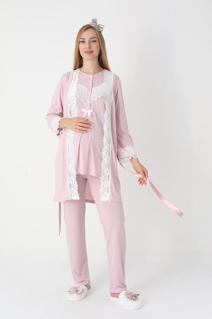 3’Lü Pijama Takımı - Dantel Detay Sabahlıklı Lohusa Hamile Takım - 3447