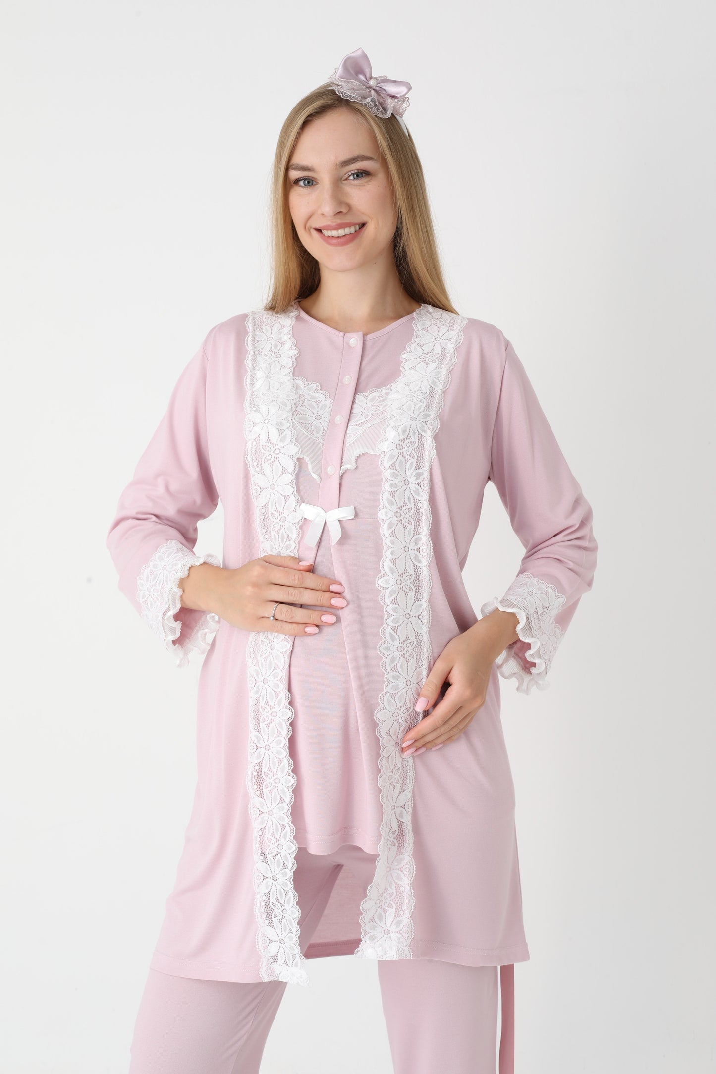 3’Lü Pijama Takımı - Dantel Detay Sabahlıklı Lohusa Hamile Takım - 3447
