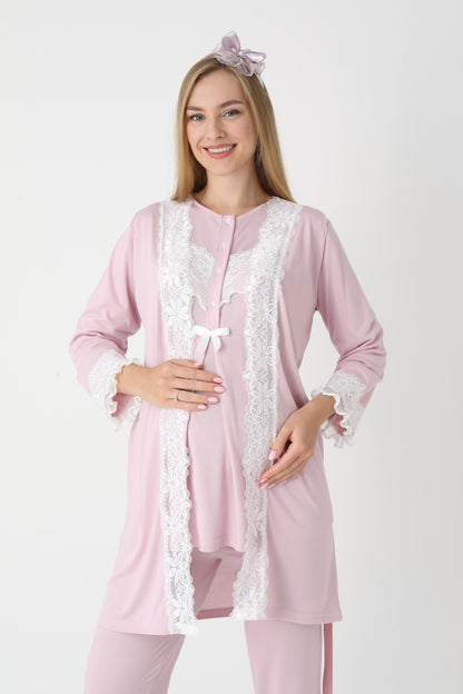 3’Lü Pijama Takımı - Dantel Detay Sabahlıklı Lohusa Hamile Takım - 3447
