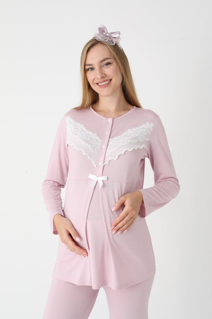 3’Lü Pijama Takımı - Dantel Detay Sabahlıklı Lohusa Hamile Takım - 3447