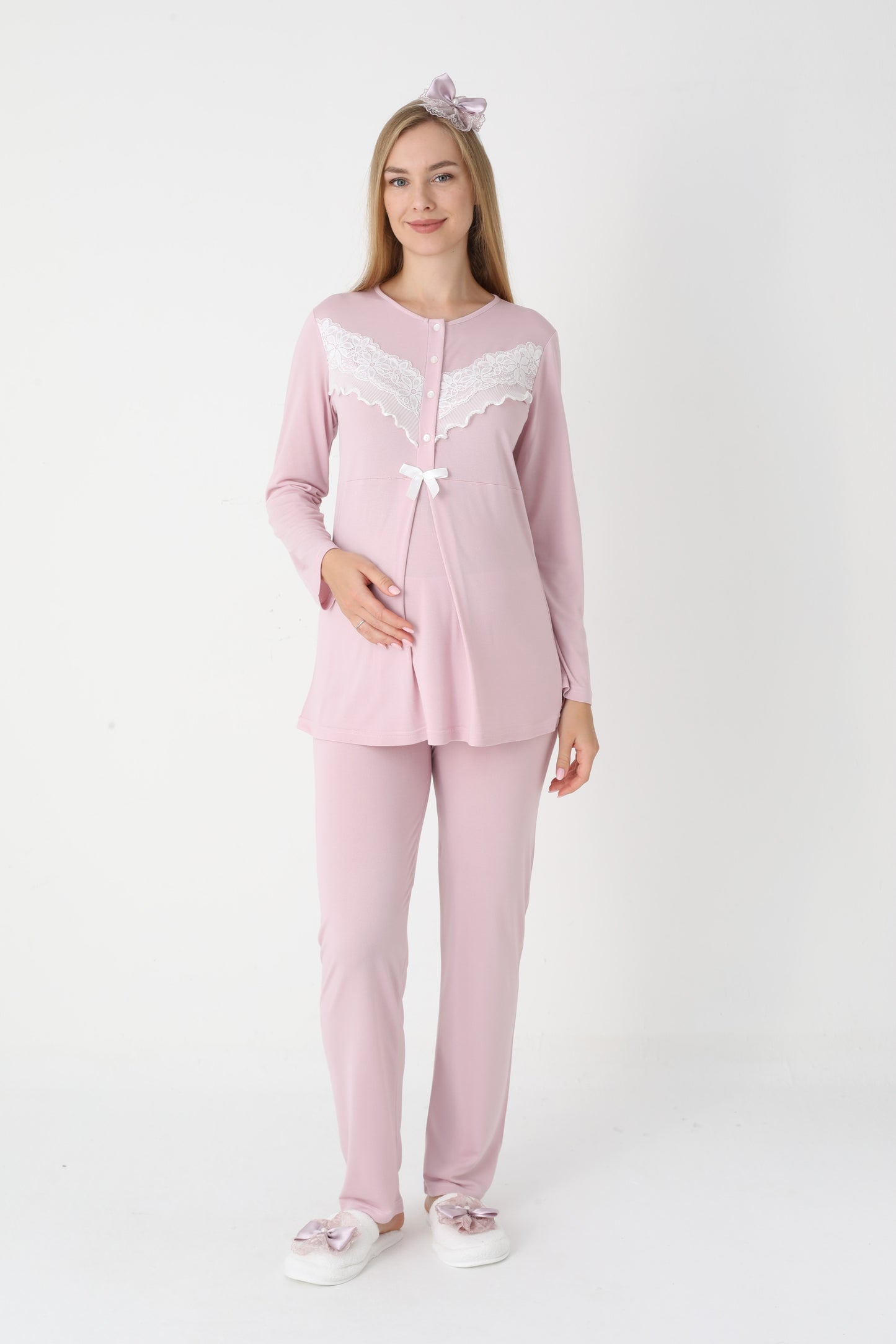 3’Lü Pijama Takımı - Dantel Detay Sabahlıklı Lohusa Hamile Takım - 3447