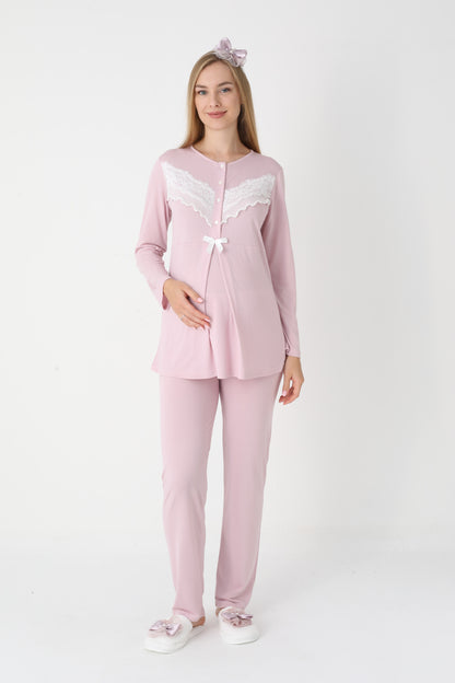 3’Lü Pijama Takımı - Dantel Detay Sabahlıklı Lohusa Hamile Takım - 3447
