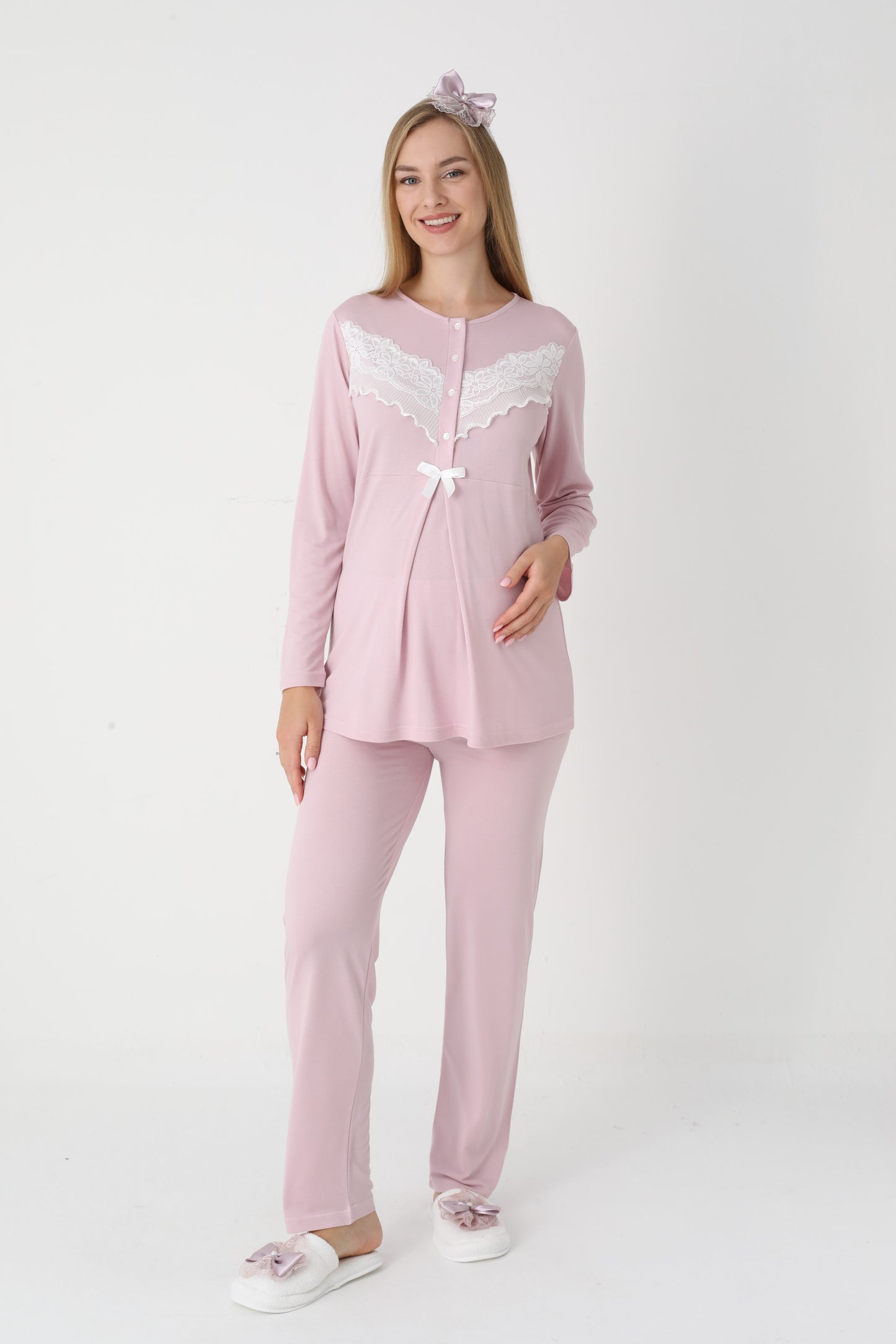 3’Lü Pijama Takımı - Dantel Detay Sabahlıklı Lohusa Hamile Takım - 3447