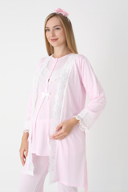 3’Lü Pijama Takımı - Dantel Detay Sabahlıklı Lohusa Hamile Takım - 3447