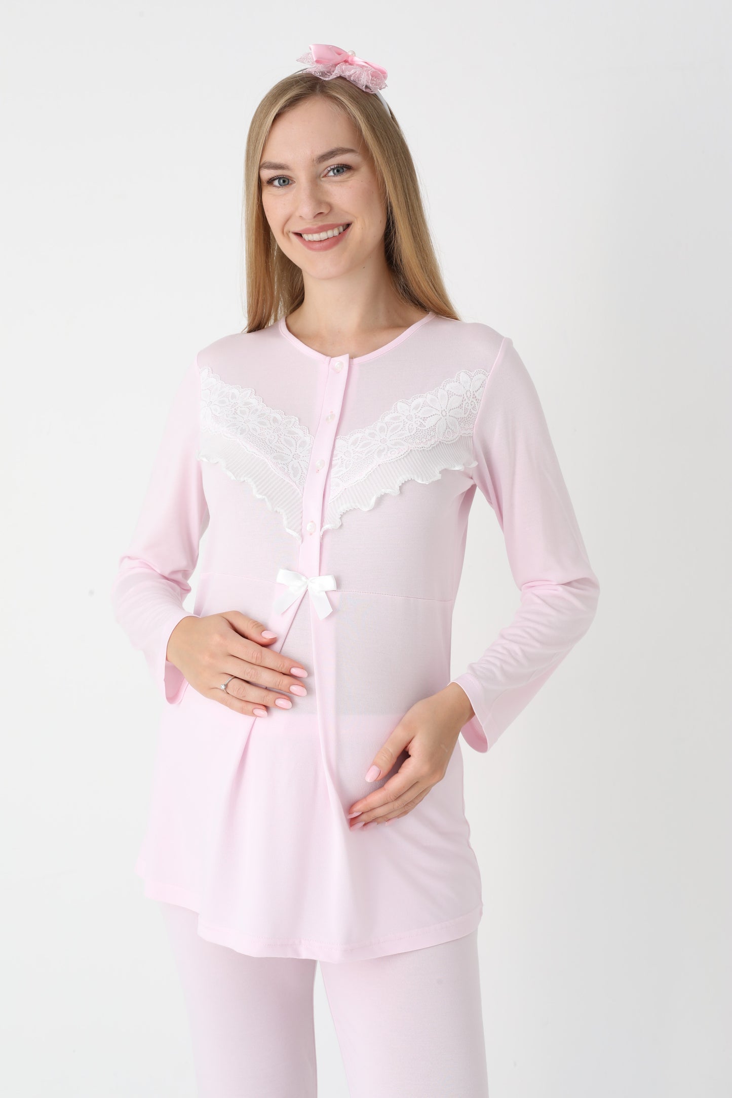 3’Lü Pijama Takımı - Dantel Detay Sabahlıklı Lohusa Hamile Takım - 3447