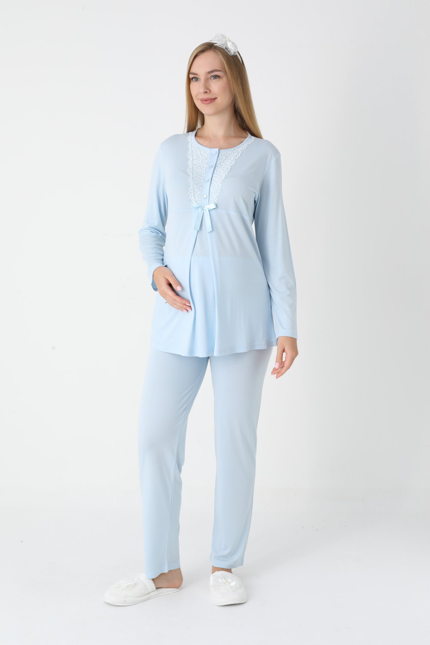 3’Lü Pijama Takımı - Dantel Detay Volan Kol Sabahlıklı Lohusa Hamile Takım - 3448