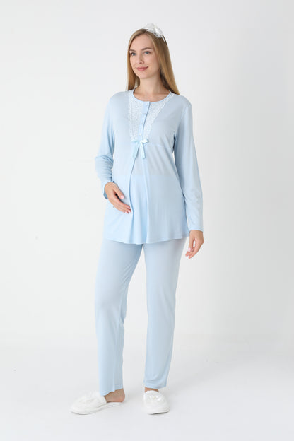 3’Lü Pijama Takımı - Dantel Detay Volan Kol Sabahlıklı Lohusa Hamile Takım - 3448