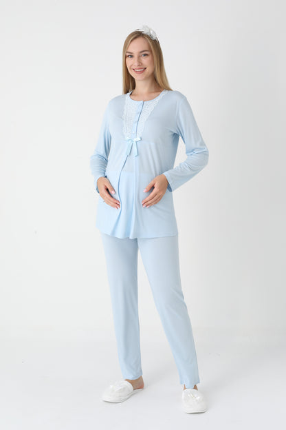 3’Lü Pijama Takımı - Dantel Detay Volan Kol Sabahlıklı Lohusa Hamile Takım - 3448