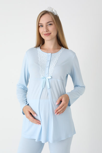 3’Lü Pijama Takımı - Dantel Detay Volan Kol Sabahlıklı Lohusa Hamile Takım - 3448