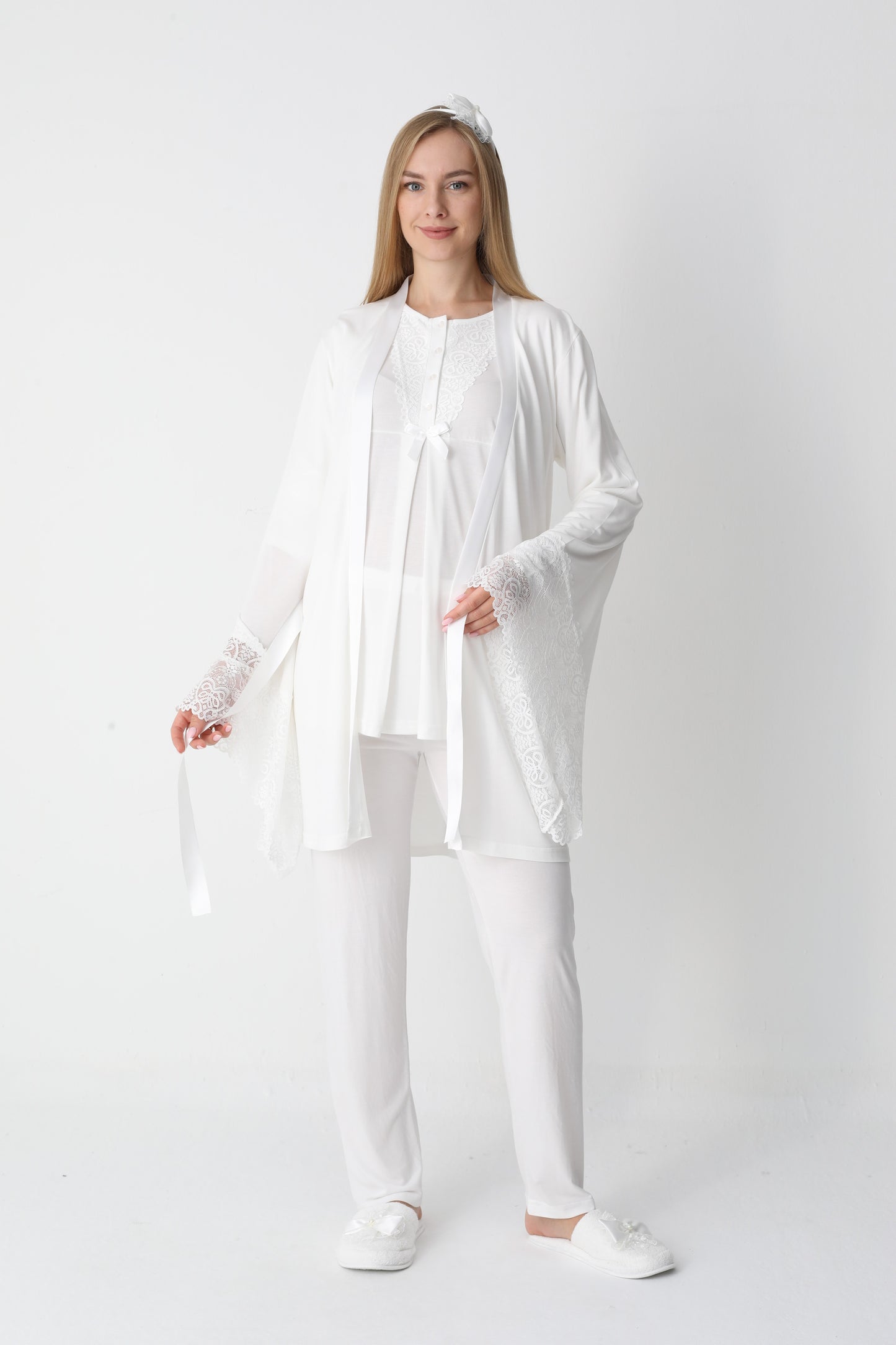 3’Lü Pijama Takımı - Dantel Detay Volan Kol Sabahlıklı Lohusa Hamile Takım - 3448