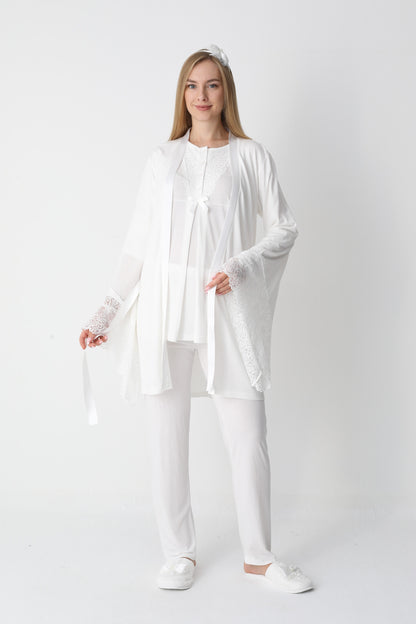 3’Lü Pijama Takımı - Dantel Detay Volan Kol Sabahlıklı Lohusa Hamile Takım - 3448