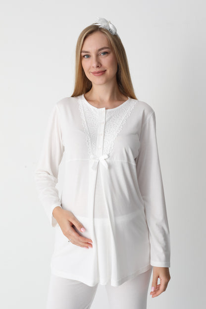 3’Lü Pijama Takımı - Dantel Detay Volan Kol Sabahlıklı Lohusa Hamile Takım - 3448