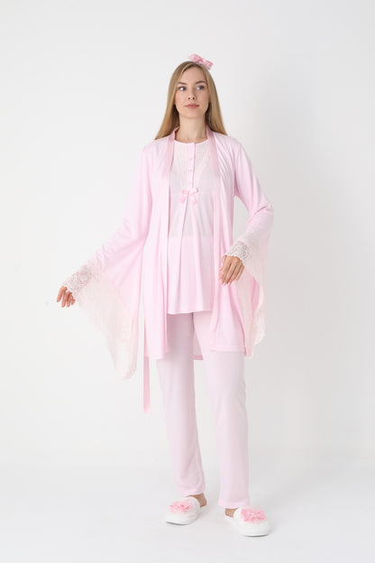 3’Lü Pijama Takımı - Dantel Detay Volan Kol Sabahlıklı Lohusa Hamile Takım - 3448