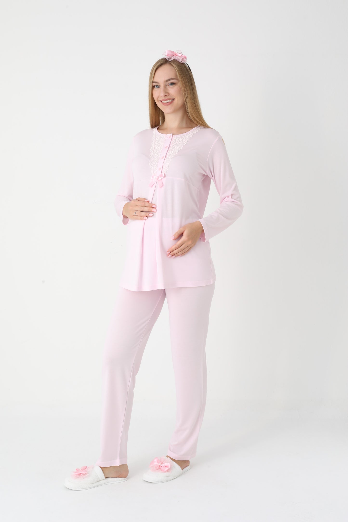 3’Lü Pijama Takımı - Dantel Detay Volan Kol Sabahlıklı Lohusa Hamile Takım - 3448