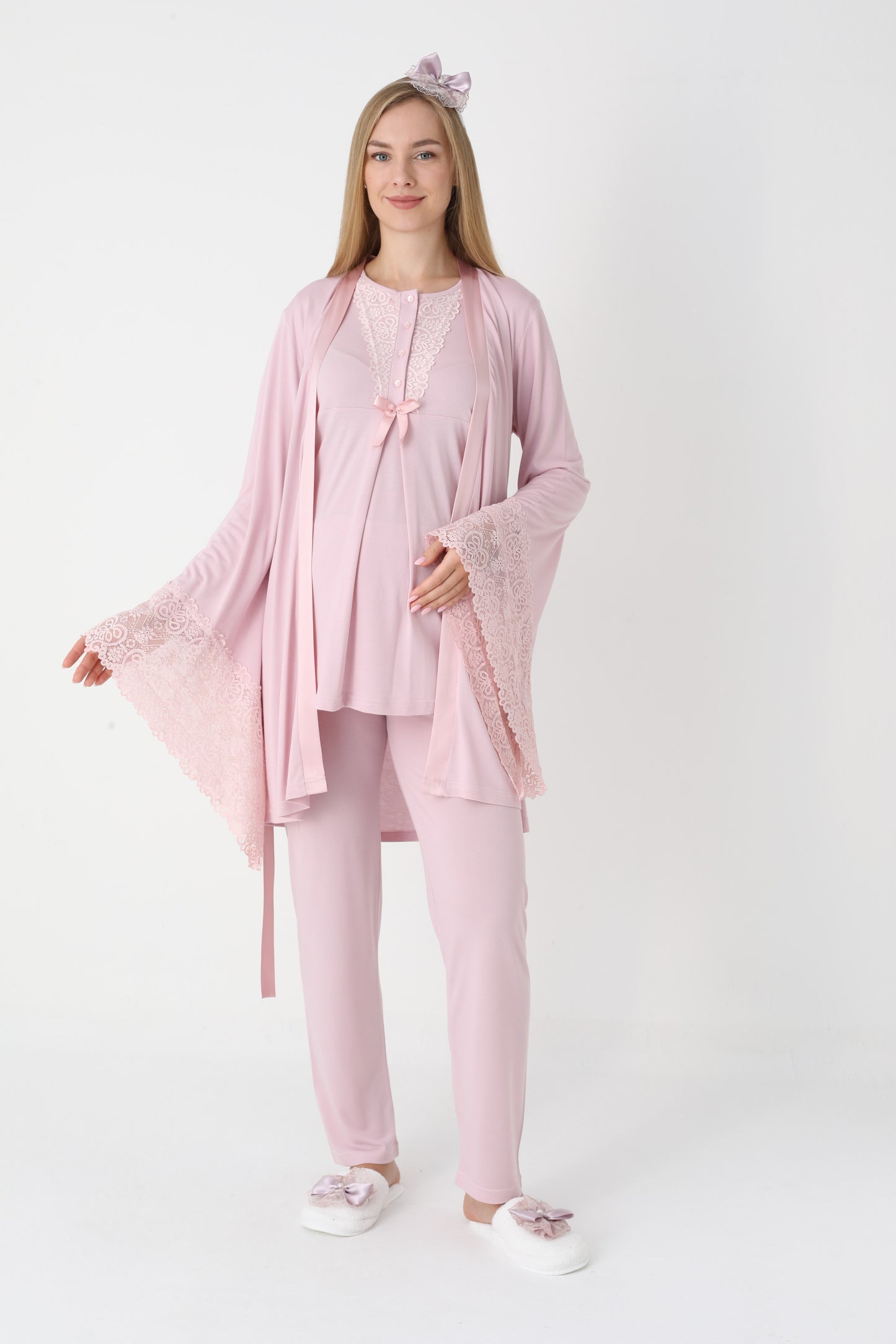 3’Lü Pijama Takımı - Dantel Detay Volan Kol Sabahlıklı Lohusa Hamile Takım - 3448