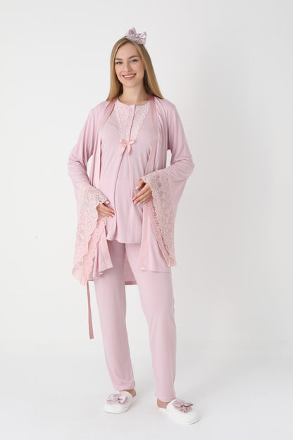 3’Lü Pijama Takımı - Dantel Detay Volan Kol Sabahlıklı Lohusa Hamile Takım - 3448