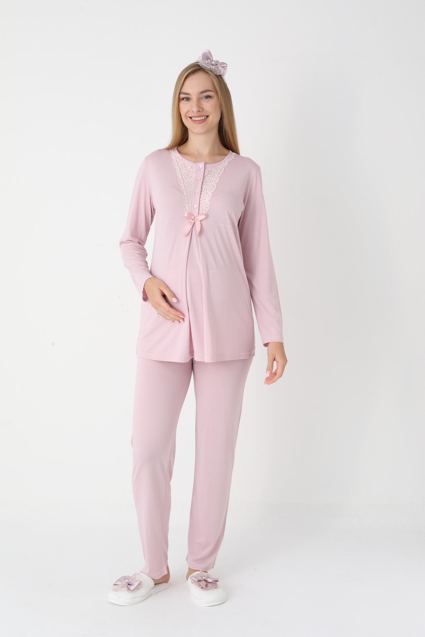 3’Lü Pijama Takımı - Dantel Detay Volan Kol Sabahlıklı Lohusa Hamile Takım - 3448