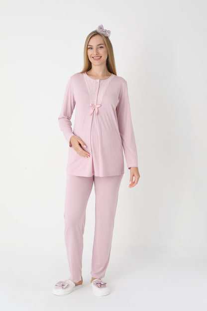 3’Lü Pijama Takımı - Dantel Detay Volan Kol Sabahlıklı Lohusa Hamile Takım - 3448
